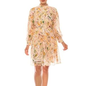 Soft White Yellow Paisley Print Long Sleeve Dress by Donna Morgan NWT